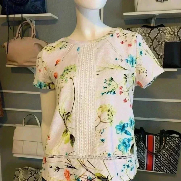 WORTHINGTON White Short Sleeve Floral Spring Middle Lace Top PETITE Medium. - Picture 5 of 11